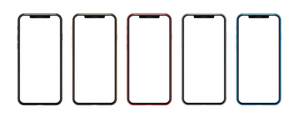 Beş akıllı telefonlar altın, kırmızı, mavi, gümüş ve siyah - boş ekran ve izole üzerinde beyaz arka plan, yüksek çözünürlüklü set.