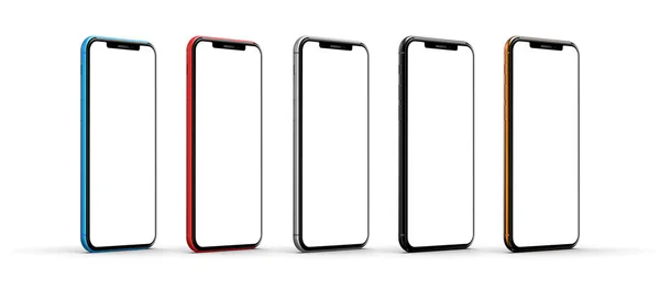 Set Five Smartphones Gold Red Blue Silver Black Blank Screen — Stock Photo, Image