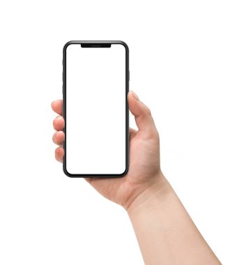 Beyaz arka planda izole akıllı telefon tutan kadın.