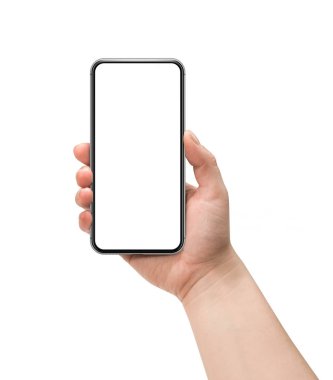 Beyaz arka planda izole akıllı telefon tutan kadın.