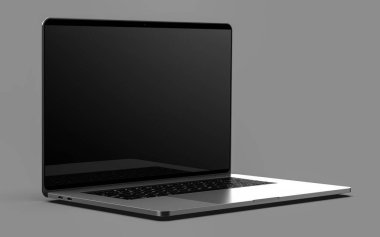 Gri arka plan üzerinde izole boş ekran ile laptop. Tüm odak. 