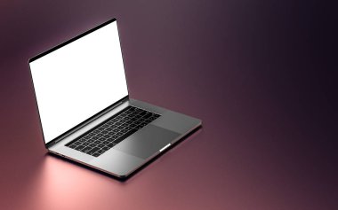 Arka planda izole edilmiş boş ekrana sahip dizüstü bilgisayar. Odakta bütün. 