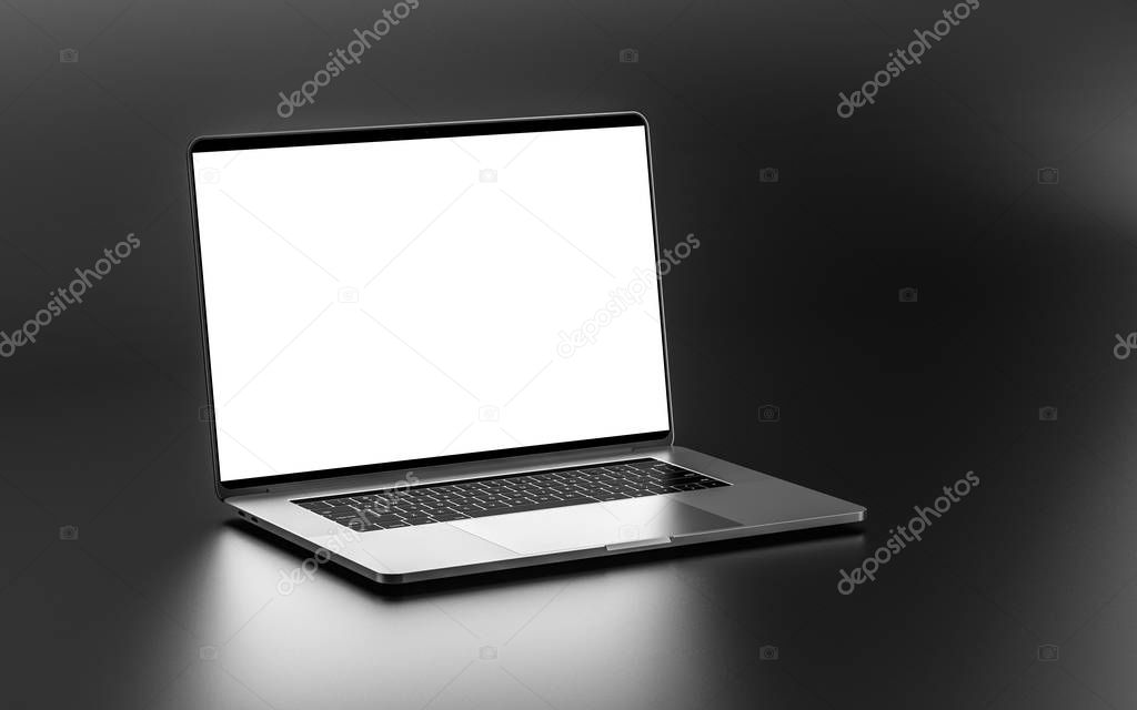 Laptop with blank screen isolated on gray background. Whole in focus. 