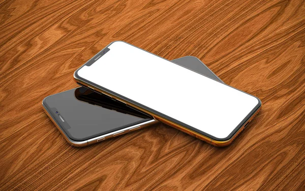 Smartphones Mit Leerem Bildschirm Isoliert Auf Holzgrund — Stockfoto
