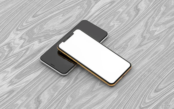 Złote Srebrne Smartfony Pustym Ekranem Izolowane Tle Drewna — Zdjęcie stockowe