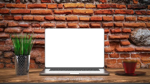 Laptop Template Isolated Brick Background Mockup — Stock Photo, Image