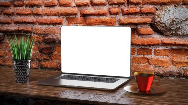 Laptop şablonu tuğla arka planda izole edildi. Model.