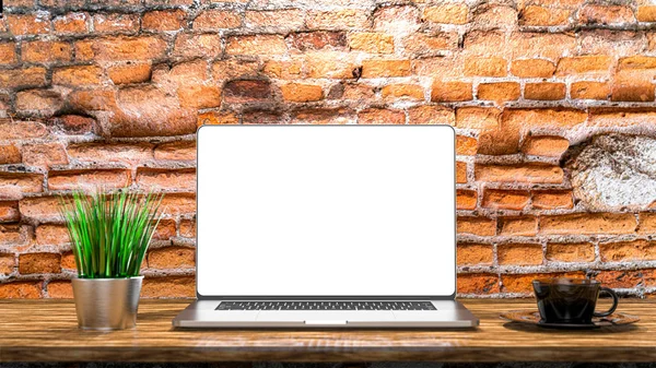 Modelo Laptop Isolado Fundo Tijolo Mockup — Fotografia de Stock