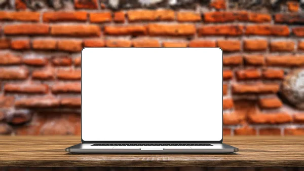 Modelo Laptop Isolado Fundo Tijolo Mockup — Fotografia de Stock