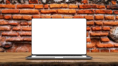 Laptop şablonu tuğla arka planda izole edildi. Model.