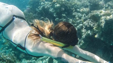 Coral red Sea'deki/daki yakınındaki kız yüzüyor.
