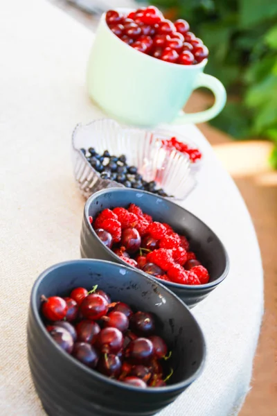 Flatlay Raspberries Blueberries Gooseberries — Stock Photo, Image