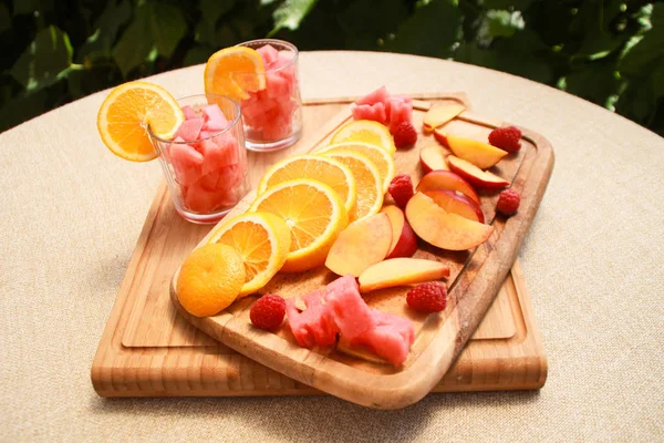 Composición Cócteles Frambuesa Naranja Nectarina Con Sandía —  Fotos de Stock