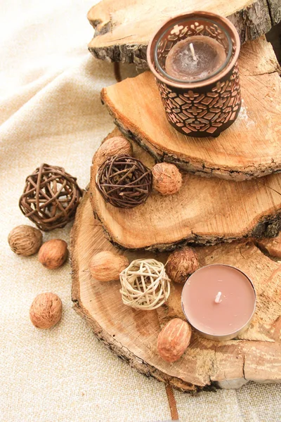 Wooden Board Interesting Texture Cherry Trees Decor Candles — Stock Photo, Image