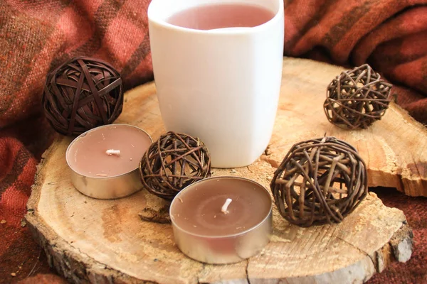 Autumn Wooden Decor White Cup Tea Candles — Stock Photo, Image