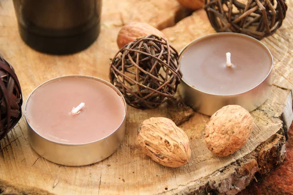 Autumn Wooden Decor White Cup Tea Candles — Stock Photo, Image