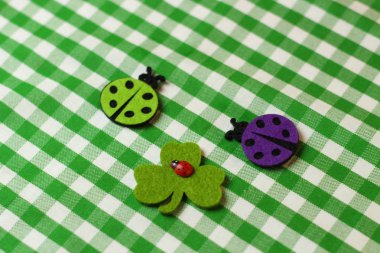 Meyve yerleşimde beyaz yeşil kumaş, üzüm, muz, şeftali, karpuz, çilek, portakal, keçe. İğne işi keçe ile.