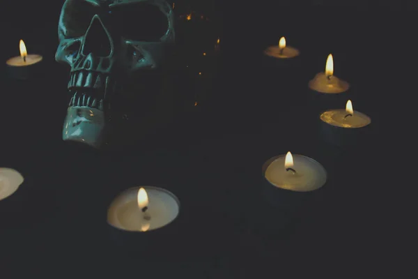 Halloween Soon Autumn Composition Halloween Decorations Skull Candles — Stock Photo, Image