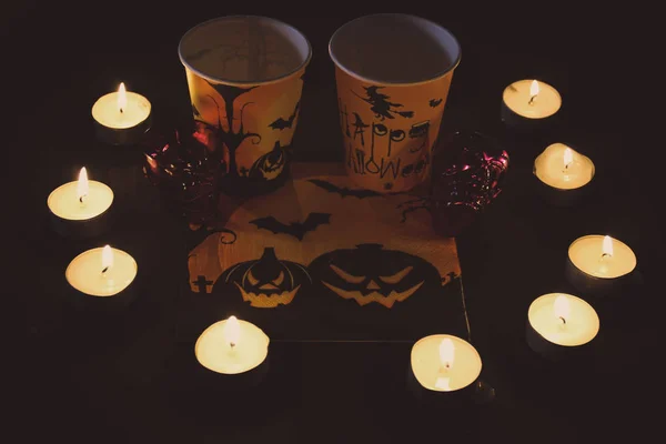 Halloween Bientôt Composition Automne Avec Des Décorations Halloween Gobelet Verre — Photo