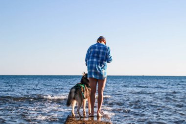 Adriyatik Denizi görünümü. Deniz taşları plaj Husky çalma. Kız oyun köpek ve onu yiyecek. Voleybol ile köpek. Hırvatistan.