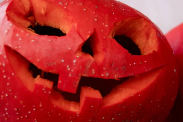 Podzimní Dýňová Halloween Dekorace Scarlet Tvář Vyřezávané Dýně Den Díkůvzdání — Stock fotografie