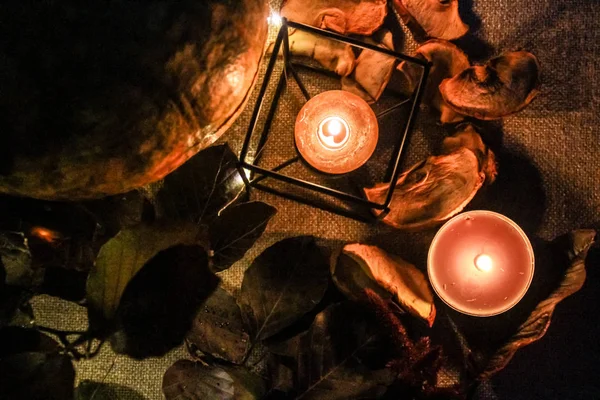 Nacht Helloween Komposition Mit Kürbis Und Kerzen Warm Und — Stockfoto