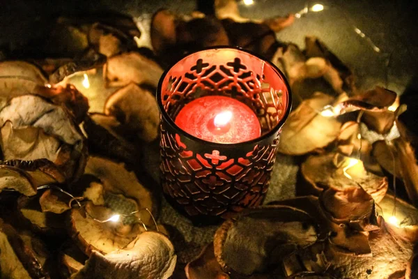 Nacht Helloween Komposition Mit Getrockneten Apfel Und Kerzen Warmes Und — Stockfoto