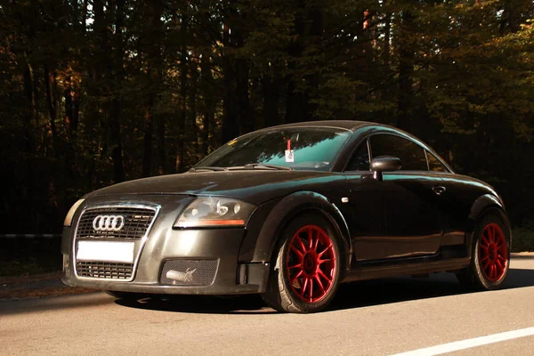 Hermoso Coche Negro Bosque Otoño Audi Con Discos Rojos Sesión —  Fotos de Stock