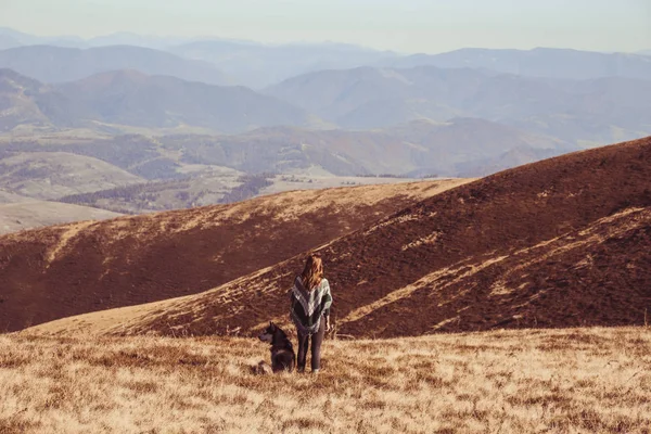 Dívka Autentické Pončo Zeleným Vzorem Hrát Husky Ukrajinské Karpaty Podzimním — Stock fotografie