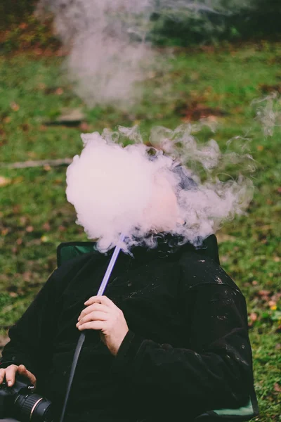 Man Exhales Smoke Smoking Hookah Traveler Ukrainian Carpathian Mountains Traveling — Stock Photo, Image
