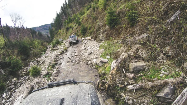 Traveling Car Mountains Ukrainian Expedition Carpathian Border April 2018 Offroad — Stock Photo, Image