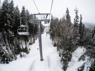 Bir takım arkadaşlarından bir kayak merkezi at binme. Snowboard ve kayakçı. Ukraynalı Karpat Dağları. Kız ve çocuklar.