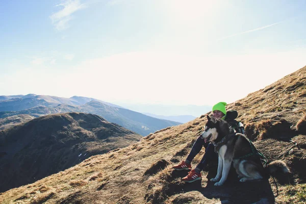 Menina Viaja Husky Montanhas Cárpatas Ucranianas Topo Montanha Mulher Camisola — Fotografia de Stock