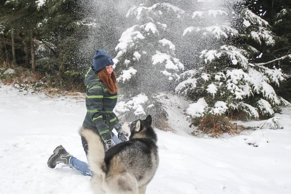 Husky dog runs in the woods with a girl. Play in the snow. Winter fun with a pet.