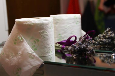 Bir rulo tuvalet kağıdı ile yeşil pandalar beyaz. Koyu arka plan. Lavanta ve ayna. Banyo