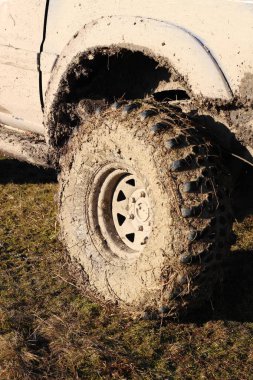 Bataklıkta tekerlek lastikleri. Kamyanets Podilsky kentinde Ukrayna offroad rekabet. Araba üzerinde bataklık ve çamur. Büyük su birikintileri üret