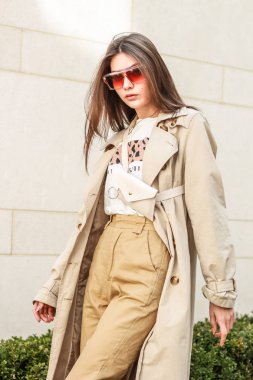 Şık bir kızın portre çekimi. Bej tonları. spr eğilimleri