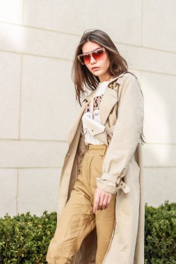 Şık bir kızın portre çekimi. Bej tonları. spr eğilimleri