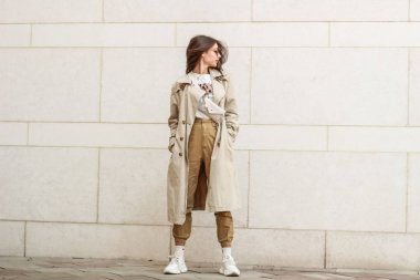 Şık bir kızın portre çekimi. Bej tonları. spr eğilimleri