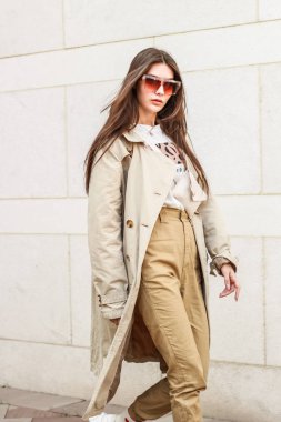 Şık bir kızın portre çekimi. Bej tonları. spr eğilimleri