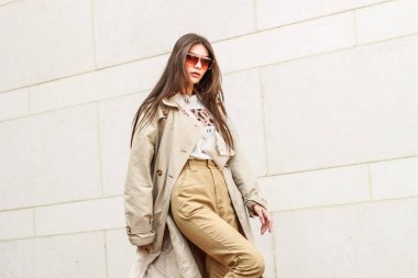 Şık bir kızın portre çekimi. Bej tonları. spr eğilimleri