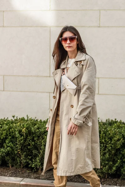 Retrato de una chica con estilo. Tonos beige. Tendencias de spr — Foto de Stock