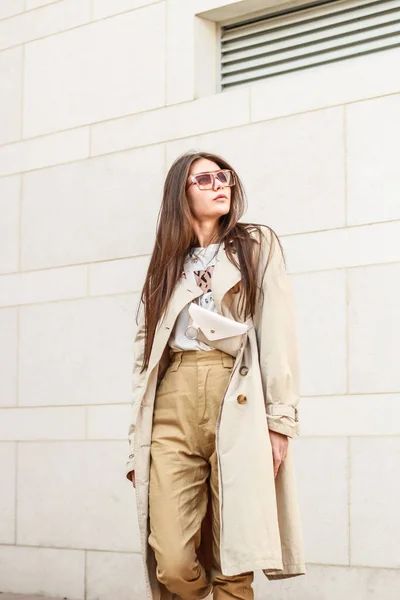 Retrato de una chica con estilo. Tonos beige. Tendencias de spr — Foto de Stock