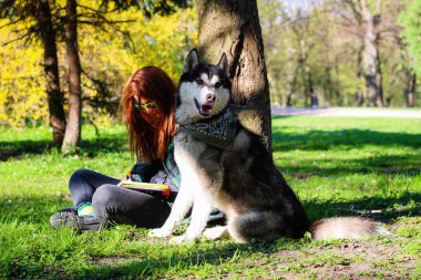 Kız parkta Husky'den bir kitap okuyor. Siyah ve beyaz yapmak