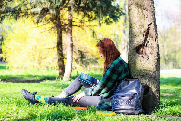 Dziewczyna czyta książkę w parku z Husky. Czarno-białe — Zdjęcie stockowe