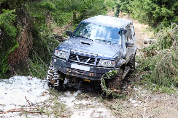 Bilen rinner genom skogen. Offroad på jeep i Carpathi — Stockfoto