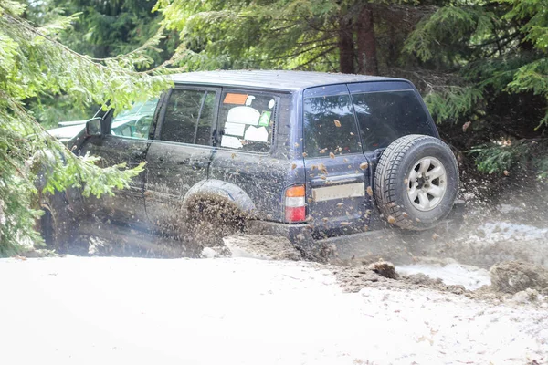 L'auto attraversa la foresta. Offroad sulla Jeep nei Carpazi — Foto Stock