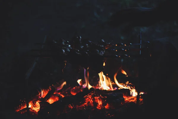 Feuer und Kohle in einem dunklen Wald bei Nacht. ein Picknick und eine Wanderung zu — Stockfoto