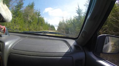 Araba penceresinden dağlara ve ormana bak. Offroa