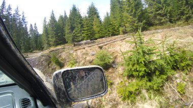 Araba penceresinden dağlara ve ormana bak. Offroa